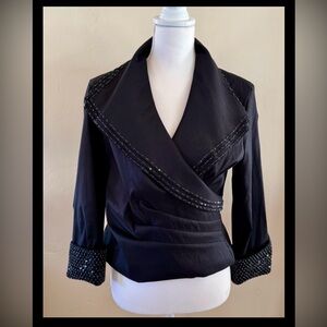 Cachet Y2K Black Satin Blouse Sz 8 Wrap Ruched Portrait Collar Glam EUC